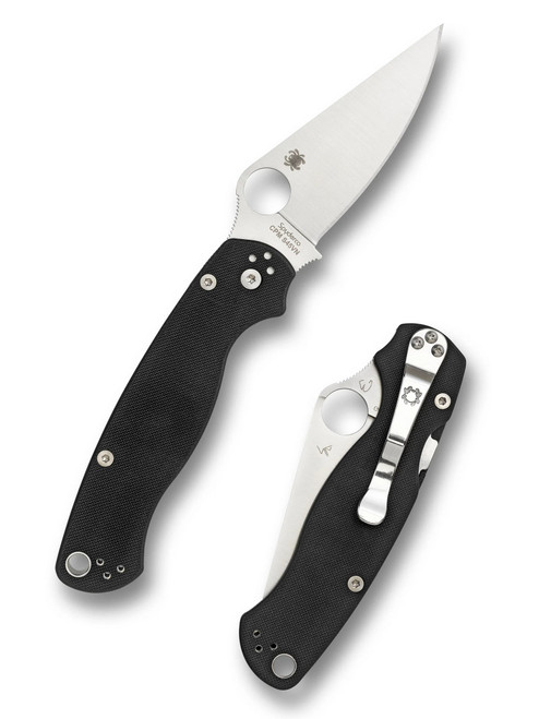 Spyderco Paramilitary 2 Left Hand folding knife with thumb hole - shown open presentation side and closed pocket clip side.  Satin S30V stainless steel plain edge blade.  Black G-10 handle.  Model C81GPLE2.