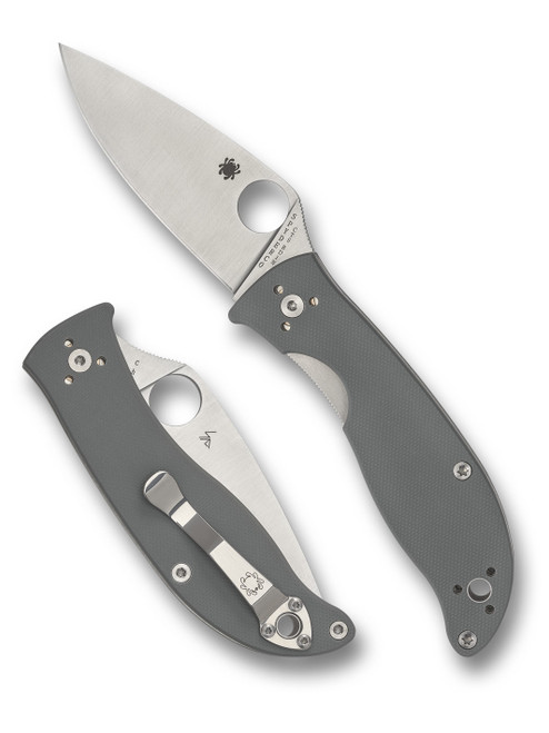 Spyderco Polestar folding knife with thumb hole - shown open presentation side and closed pocket clip side.  Satin CTS-BD1N stainless steel plain edge blade.  Gray G-10 handle.  Model C220GPGY.