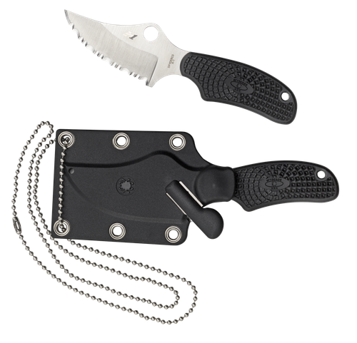 Spyderco ARK "Always Ready Knife" fixed blade knife - shown out of sheath obverse and in sheath obverse.  Satin H-1 stainless steel serrated edge blade.  Black FRN handle.  Model FB35SBK.
For reference only.