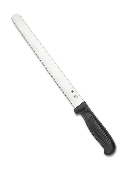 Spyderco Culinary Kitchen Bread Knife - obverse shown.  Satin MBS-26 stainless steel serrated edge blade.  Black Polypropylene handle.  Model K01SBK.