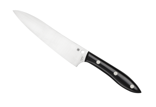 Spyderco Culinary Chef's Knife kitchen knife - obverse shown.  Satin VG-10 stainless steel plain edge blade.  Black Corian handle.  Model K12P.
For reference only.