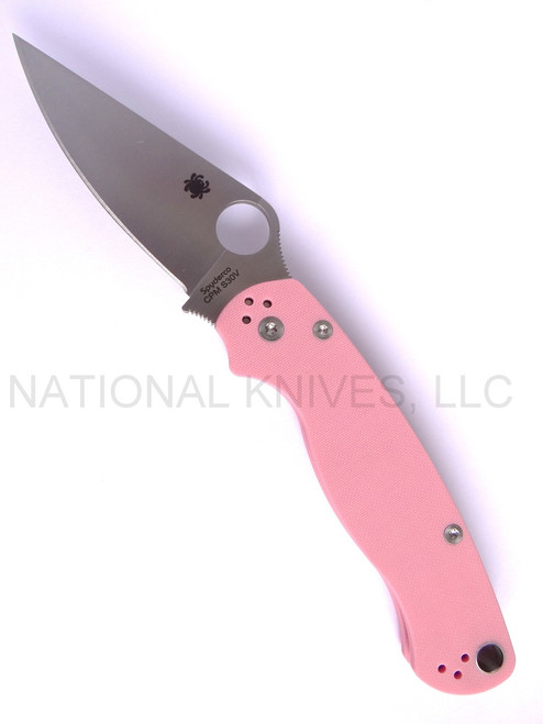 Spyderco Paramilitary 2 JB Outman Exclusive folding knife with thumb hole - shown open presentation side.  Satin S30V stainless steel plain edge blade.  Pink G-10 handle.  Model C81GPNP2.
For reference only.
