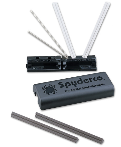 Spydero Tri-Angle Sharpmaker knife sharpener set - shown set up with fine rods and protective rods in place and medium rods laying next to it.  Model 204M.