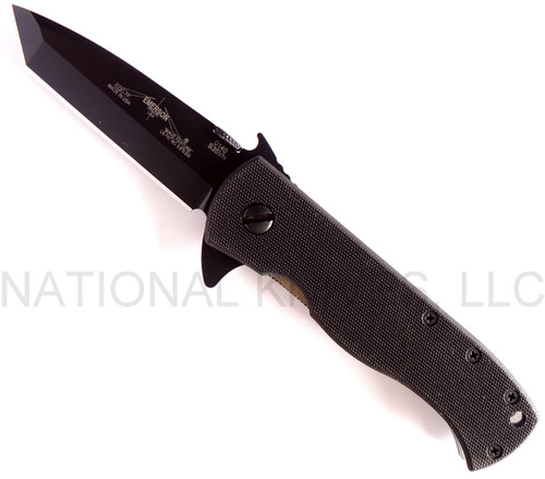 Emerson Knives CQC-7F BT folding knife with thumb disk, flipper tab, and Emerson Wave opener - shown open presentation side.  Black S35VN stainless steel plain edge blade.  Black G-10 handle.  Model CQC-7F-BT-S35VN.
