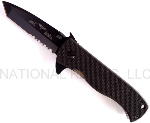 Emerson Knives CQC-7F BTS folding knife with thumb disk, flipper tab, and Emerson Wave opener - shown open presentation side.  Black S35VN stainless steel combo edge blade.  Black G-10 handle.  Model CQC-7F-BTS-S35VN.

