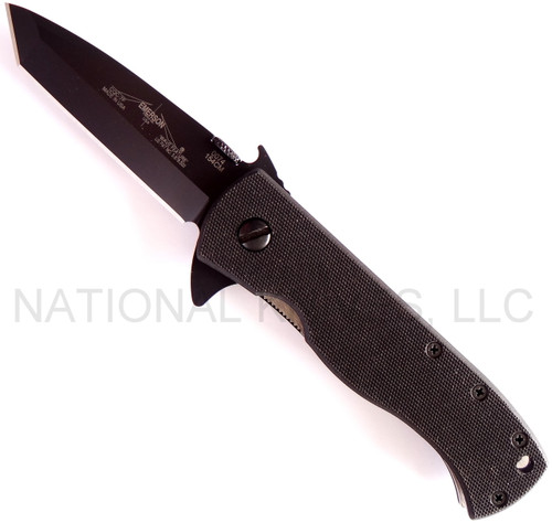 Emerson Knives CQC-7F BT folding knife with thumb disk, flipper tab, and Emerson Wave opener - shown open presentation side.  Black 154CM stainless steel plain edge blade.  Black G-10 handle.  Model CQC-7F-BT.
For reference only.