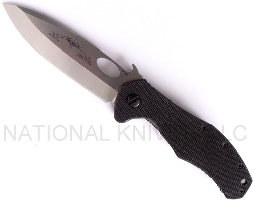 Emerson Knives CQC-10 SF folding knife with thumb disk and Emerson Wave opener - shown open presentation side.  Satin 154CM stainless steel plain edge blade.  Black G-10 handle.  Model CQC-10-SF.
For reference only.