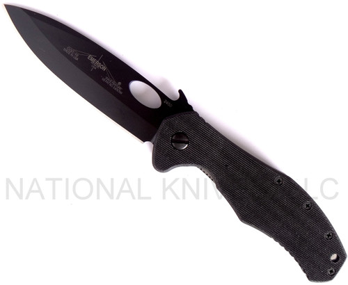 Emerson Knives CQC-10 BT folding knife with thumb disk and Emerson Wave opener - shown open presentation side.  Black 154CM stainless steel plain edge blade.  Black G-10 handle.  Model CQC-10-BT.
For reference only.