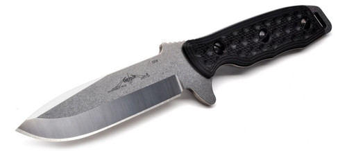 Emerson Knives Government Mule SF fixed blade knife - shown out of sheath reverse.  Satin 154CM stainless steel plain edge blade.  Black G-10 handle.  Model GOVMULE-SF.