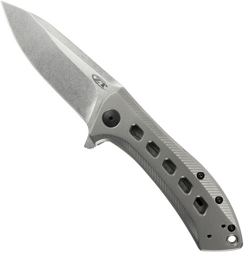 Zero Tolerance 0801TI folding knife with flipper tab - open - logo side.  Satin S35VN stainless steel plain edge blade.  Titanium handle.  Model 0801TI.  
For reference only.