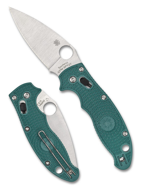 Spyderco Manix 2 Lightweight folding knife with thumb hole - shown both open presentation side and closed pocket clip side.  SPY 27 stainless steel plain edge blade.  Mineral Blue FRCP handle.  Model C101PCBL2.