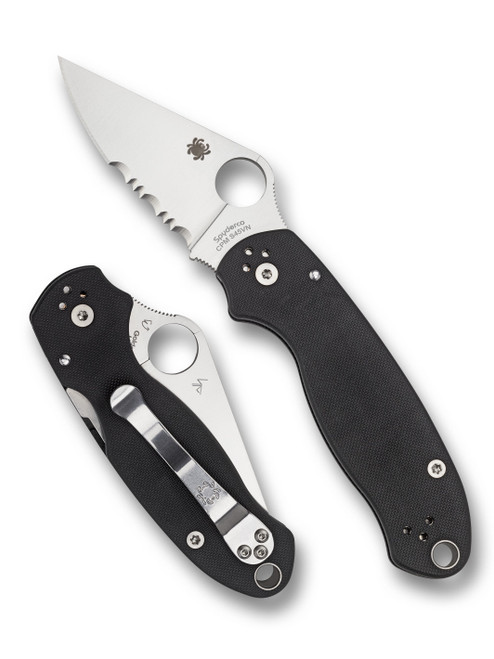 Spyderco Para 3 folding knife with thumb hole - shown open presentation side and closed pocket clip side.  Satin S45VN stainless steel combo edge blade.  Black G-10 handle.  Model C223GPS.