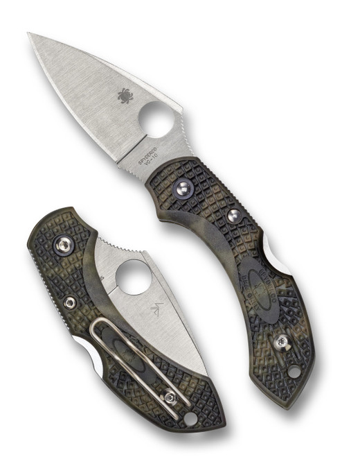 Spyderco Dragonfly 2 folding knife with thumb hole - shown open presentation side and closed pocket clip side.  Satin VG-10 stainless steel plain edge blade.  Zome Green FRN handle.  Model C28ZFPGR2.