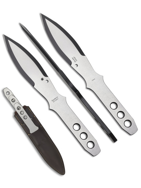 Spyderco Large Spyder Throwers throwing knives - shown out of sheath reverse, obverse, side, and in sheath.  8Cr13MoV stainless steel blade and handle.  Model TK01LG.