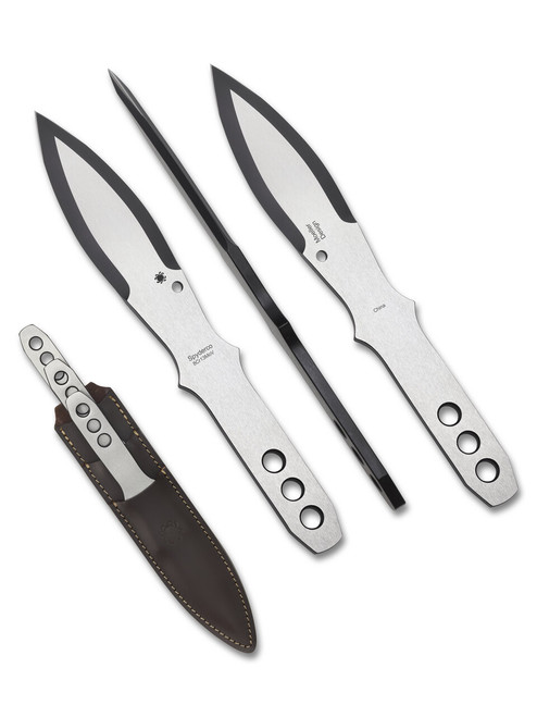 Spyderco Medium Spyder Throwers throwing knives - shown out of sheath reverse, obverse, side, and in sheath.  8Cr13MoV stainless steel blade and handle.  Model TK01MD.