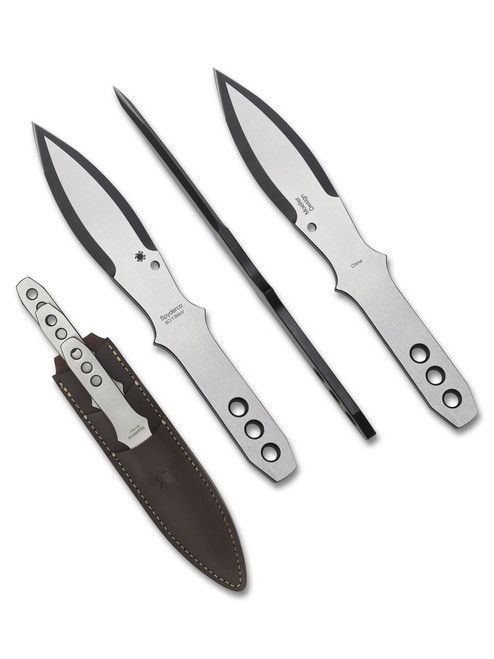 Spyderco Small Spyder Throwers throwing knives - shown out of sheath reverse, obverse, side, and in sheath.  8Cr13MoV stainless steel blade and handle.  Model TK01SM.
