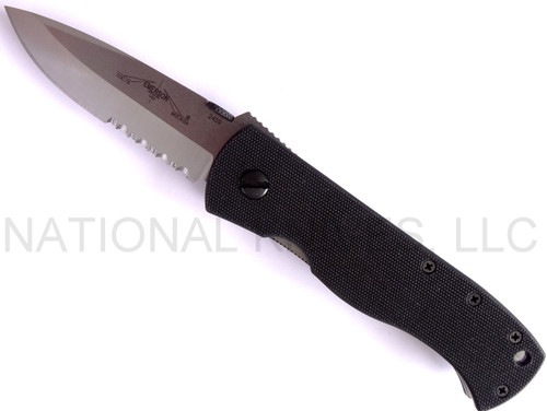 Emerson Knives CQC-7A SFS folding knife with thumb disk - shown open presentation side.  Satin 154CM stainless steel combo edge blade.  Black G-10 handle.  Model CQC-7A-SFS.
For reference only.