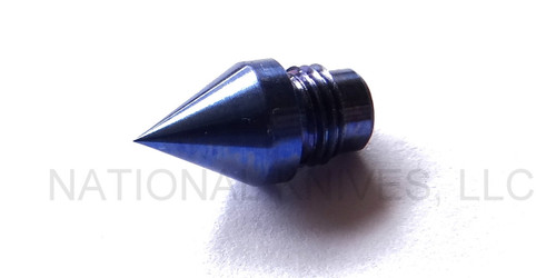 Rick Hinderer Knives Warhead Attachment to fit Investigator ink pen - shown side view.  Stonewash blue titanium construction.  Model P5251001TD.
