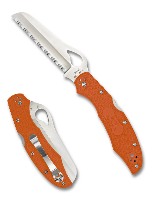 Byrd Knives Cara Cara 2 Rescue folding knife with thumb slot - shown both open presentation side and closed pocket clip side.  Satin 8Cr13MoV stainless steel serrated edge blade.  Orange G-10 handle.  Model BY17SOR2.
