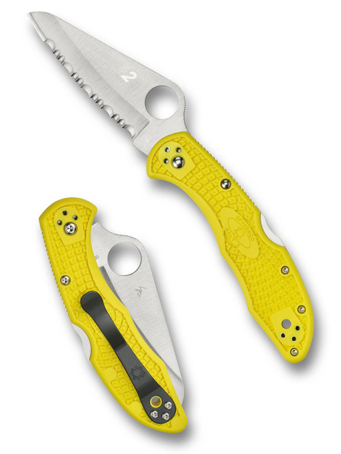 Spyderco Salt 2 folding knife with thumb hole - shown open presentation side and closed pocket clip side.  Satin H-2 stainless steel serrated edge blade.  Yellow FRN handle. Model C88SYL2.