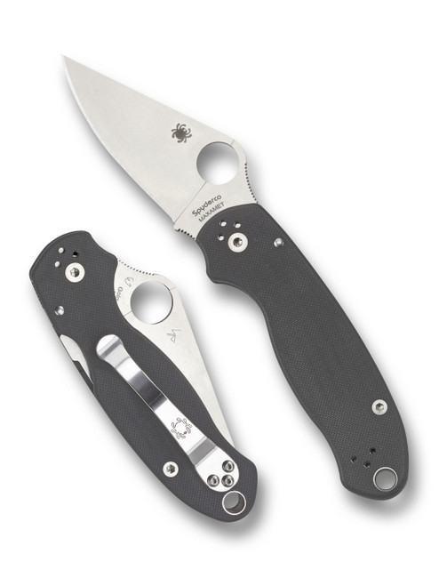 Spyderco Para 3 folding knife with thumb hole - shown open presentation side and closed pocket clip side.  Stonewash Maxamet steel plain edge blade.  Gray G-10 handle.  Model C223GPDGY.