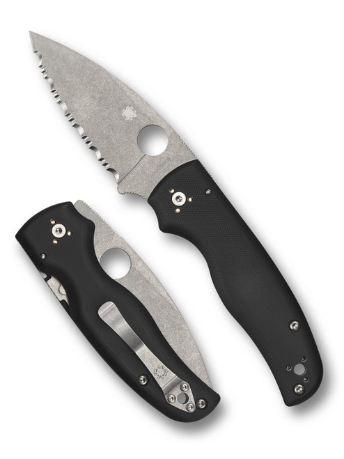 Spyderco Shaman folding knife with thumb hole - shown open presentation side and closed pocket clip side.  Stonewash S30V stainless steel serrated edge blade.  Black G-10 handle.  Model C229GS.
