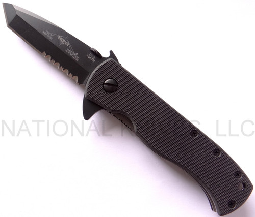 Emerson Knives CQC-7F BTS folding knife with thumb disk, flipper tab, and Emerson Wave opener - shown open presentation side.  Black 154CM stainless steel combo edge blade.  Black G-10 handle.  Model CQC-7F-BTS.
For reference only.
