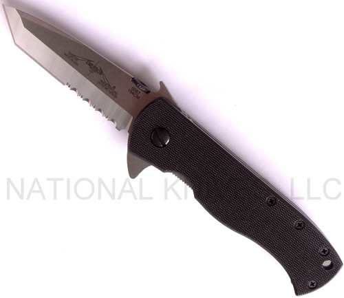 Emerson Knives CQC-7F SFS folding knife with thumb disk, flipper tab, and Emerson Wave opener - shown open presentation side.  Satin 154CM stainless steel combo edge blade.  Black G-10 handle.  Model CQC-7F-SFS.
For reference only.