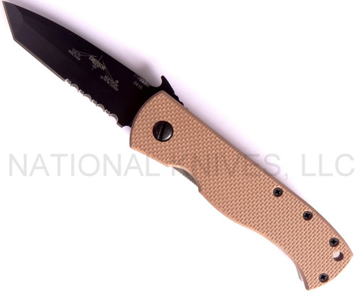 Emerson Knives CQC-7V BTS folding knife with thumb disk and Emerson Wave opener - shown open presentation side.  Black 154CM stainless steel, "V" ground, combo edge blade.  Tan G-10 handle.  Model CQC-7V-BTS.