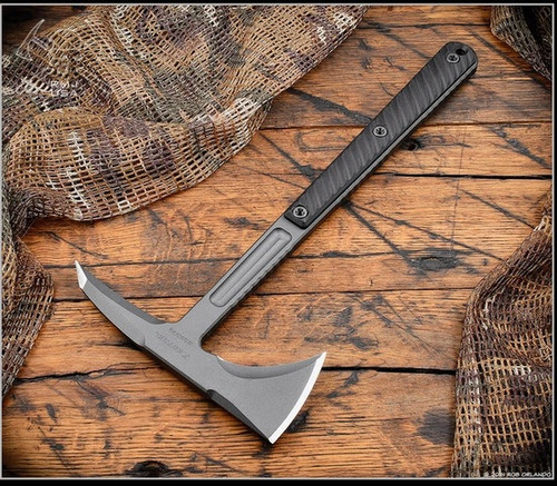 RMJ Tactical Kestrel tomahawk - shown out of sheath reverse.  Tungsten Cerakote 80CRV2 steel plain edge head.  Black G-10 handle.