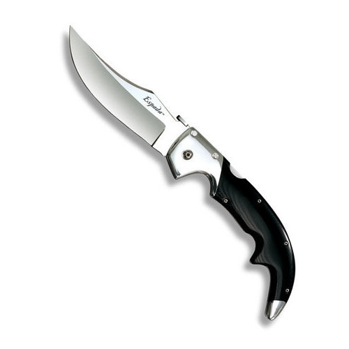 Cold Steel Espada Large folding knife with thumb disk - shown open presentation side.  Satin AUS-8A stainless steel plain edge blade.  Aluminum handle with black G-10.  Model 62NL.
For reference only.