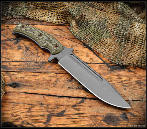 RMJ Tactical Combat Africa fixed blade knife - shown out of sheath.  Tungsten Cerakote 80CrV2 steel plain edge blade.  Dirty Olive G-10 handle scales.  Model K-CA-TU-DO.