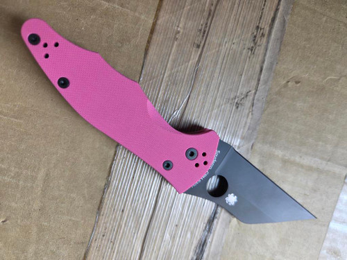 Blemished Spyderco Yojimbo 2 Sprint Run folding knife with thumb hole - shown open presentation side.  Black CPM-S30V stainless steel plain edge blade.  Pink G-10 handle.  Model C85GPNBKP2.