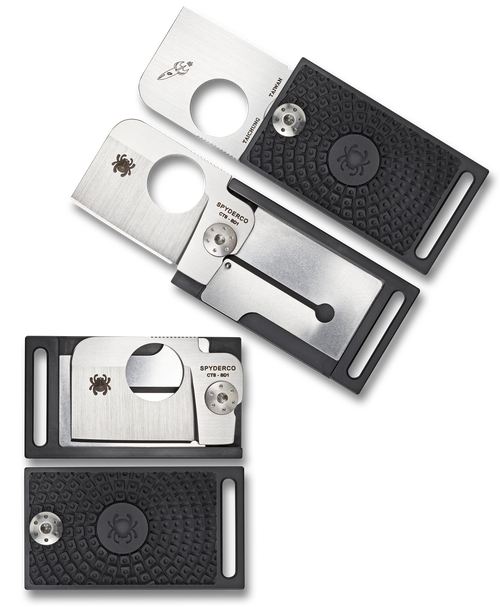 Spyderco Squarehead folding knife with thumb hole - shown open obverse, open reverse, closed obverse, and closed reverse.  Satin CTS-BD1 stainless steel plain edge blade.  Black FRN handle.  Model C193PBK.
For reference only.