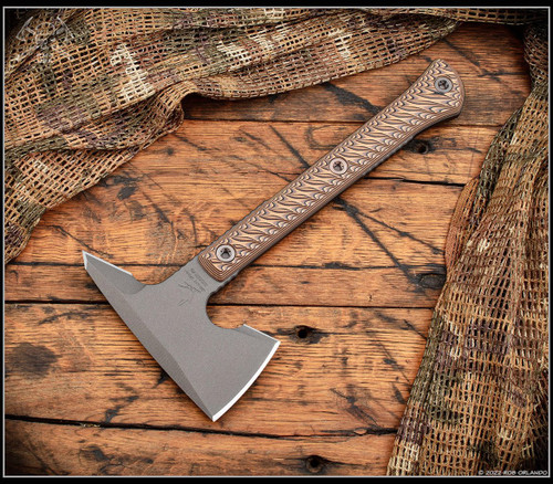 RMJ Tactical Jenny Wren Spike tomahawk - shown out of sheath reverse.  Tungsten Cerakote 80CRV2 steel plain edge head.  Hyena Brown G-10 handle.  Model T-JWS-TU-HB.
