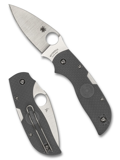 Spyderco Chaparral folding knife with thumb hole - shown open presentation side and closed pocket clip side.  Satin CTS-XHP stainless steel plain edge blade. Gray FRN handle.  Model C152PGY.