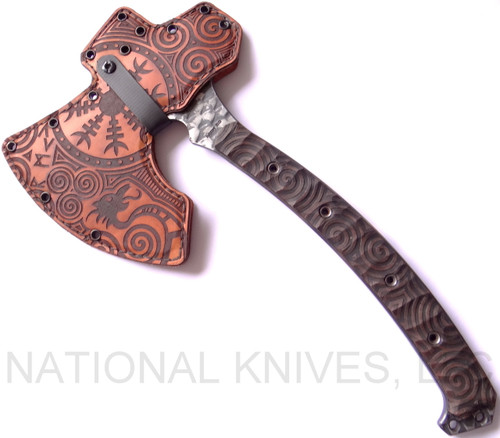 RMJ Tactical Custom Valhalla Berserker tomahawk - shown in sheath reverse.  4140 steel plain edge head.  Brown Micarta handle.
For reference only.