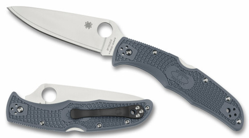 Spyderco Endura 4 folding knife with thumb hole - shown open presentation side and closed pocket clip side.  Satin V-Toku2 and SUS310 laminate steel plain edge blade.  Blue-Gray FRN handle.  Model C10FPBLE.
For reference only.