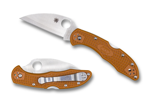 Spyderco Delica 4 Sprint Run folding knife with thumb hole - shown open presentation side and closed pocket clip side.  Satin HAP40 and SUS410 laminated steel, wharncliffe style, plain edge blade.  Orange FRN handle.  Model C11FPWCBORE.
For reference only.
