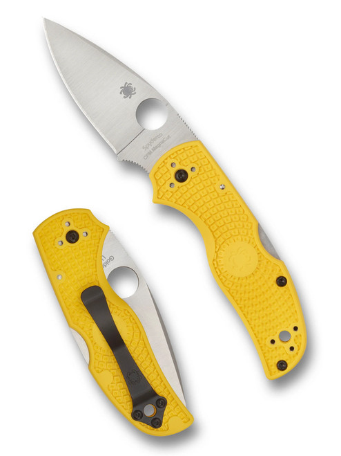Spyderco Native 5 Salt folding knife with thumb hole - shown open presentation side and closed pocket clip side.  Satin MagnaCut stainless steel plain edge blade.  Yellow FRN handle.  Model C41PYL5.