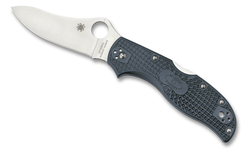 Spyderco Stretch 2 Sprint Run folding knife with thumb hole - shown open presentation side.  Satin V-Toku2 and SUS410 laminated steel plain edge blade.  Blue - Gray FRN handle.  Model C90FPBLE2.
For reference only.
