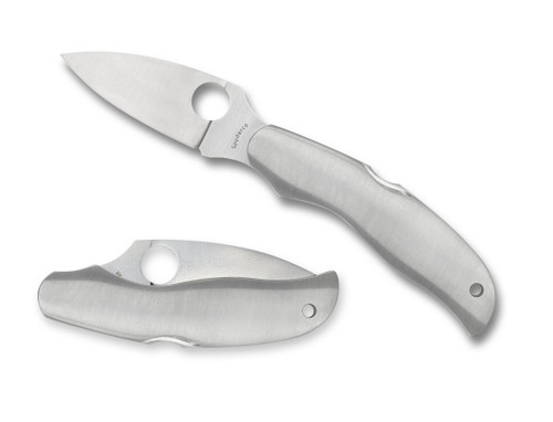 Spyderco Kopa Sprint Run folding knife with thumb hole - shown open obverse and closed reverse.  Satin VG-10 stainless steel plain edge blade. Stainless steel handle.  Model C92P.