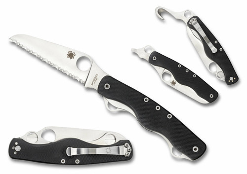 Spyderco Clipitool folding knife multitool with thumb hole - shown blade open presentation side, closed pocket clip side, screwdriver open presentation side, and seat belt cutter pocket clip side.  Satin 8Cr13MoV stainless steel serrated edge blade.  Black G-10 handle.  Model C209GS.
For reference only.