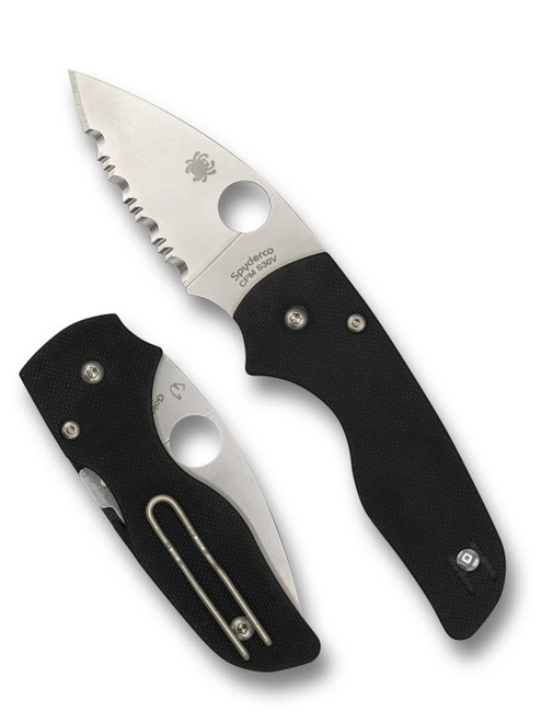 Spyderco Lil' Native folding knife with thumb hole - shown open presentation side and closed pocket clip side.  Satin S30V stainless steel serrated edge blade.  Black G-10 handle.  Model C230GS.