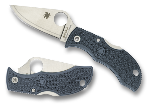 Spyderco Sprint Run Manbug folding knife with thumb hole - shown open obverse and closed reverse.  Satin V-Toku2 and SUS410 laminated steel plain edge blade.  Blue - Gray FRN handle.  Model MBBLPE.
For reference only.