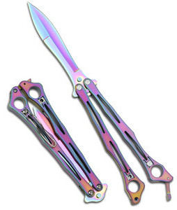 Spyderco Spyderfly balisong knife - shown both open and closed.  Rainbow 440C stainless steel plain edge blade.  Rainbow stainless steel handle.  Model B01PRB.
For reference only.