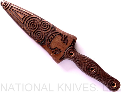 RMJ Tactical Custom Valhalla Raider Dagger fixed blade knife - shown in sheath obverse.  80CRV2 steel double plain edge blade.  Wood handle.
For reference only.