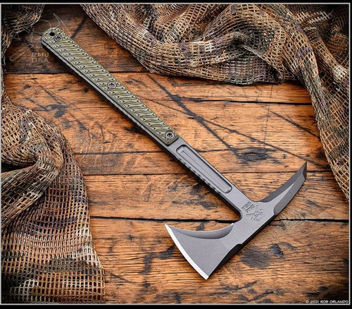 RMJ Tactical Kestrel tomahawk - shown out of sheath obverse.  Tungsten Cerakote 80CRV2 steel plain edge head.  Dirty Olive G-10 handle.
