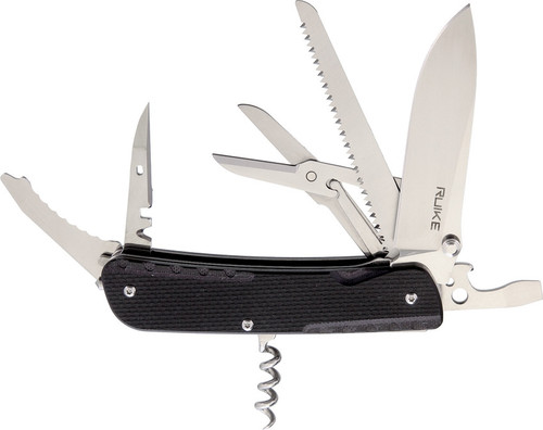 Ruike Knives Trekker LD42-B multitool - shown open presentation side.  19 tools.  Black G-10 handle.  Model LD42-B.
