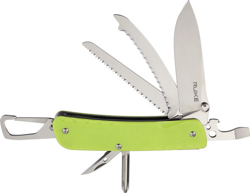 Ruike Knives Trekker Rescue LD43 multitool - shown open presentation side.  15 tools.  Yellow-Green G-10 handle.  Model LD43.